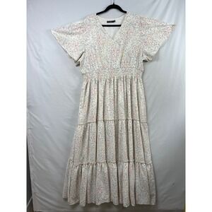 Mikarose Maxi Dress Womens XXL White Floral Smocked Flutter Sleeve Tiered Modest